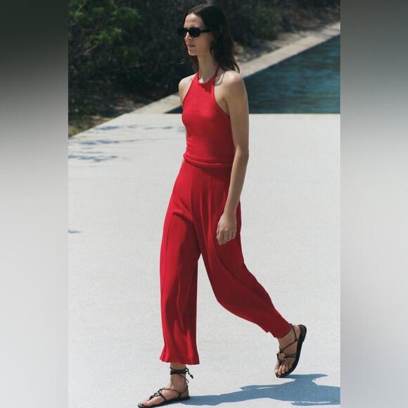 Zara RED WIDE LEG CROPPED PANTS - Picture 7 of 14